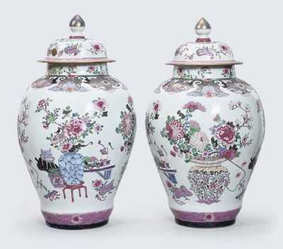 YONGZHENG (1723-35) A PAIR OF LARGE FAMILLE ROSE BALUSTER JARS AND COVERS